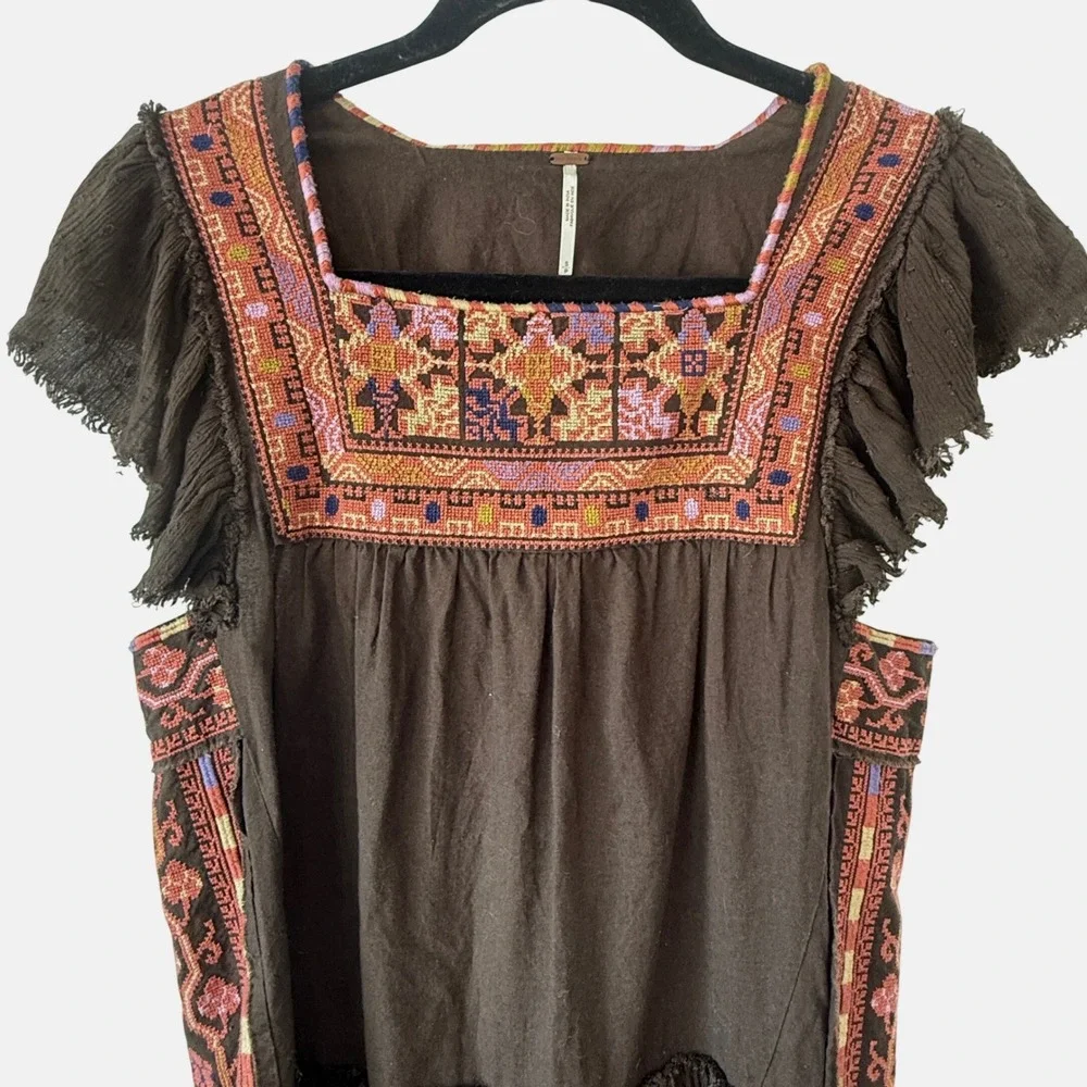 Free People Size‎ Small Embroidered Boho Mini Dress Brown Ruffle Sleeve Festival
